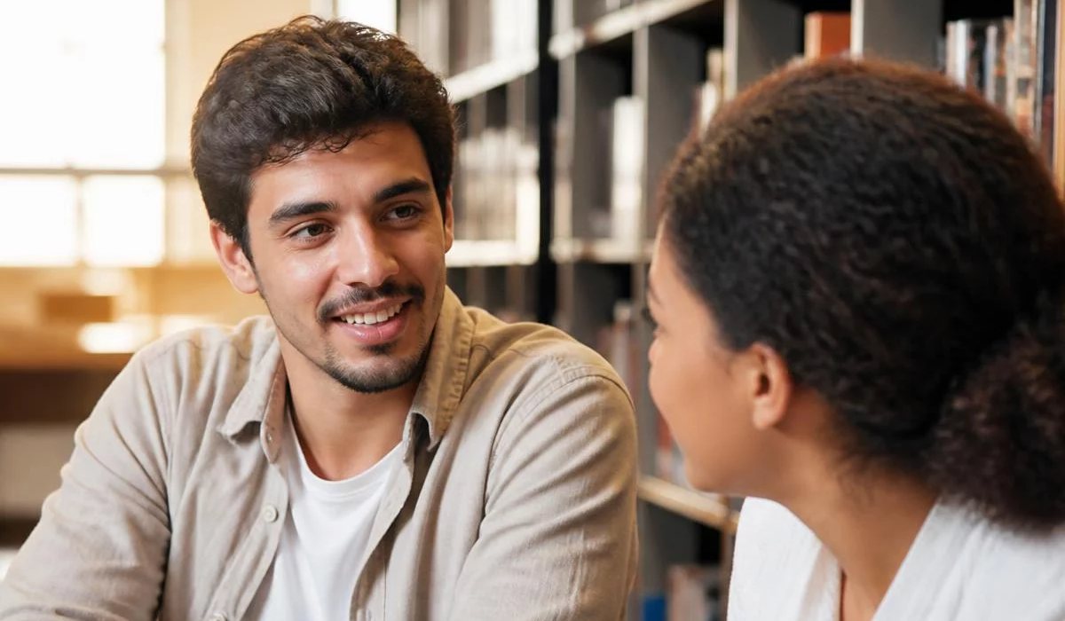 Pessoas conversando de pé junto às estantes antes de o encontro abrir